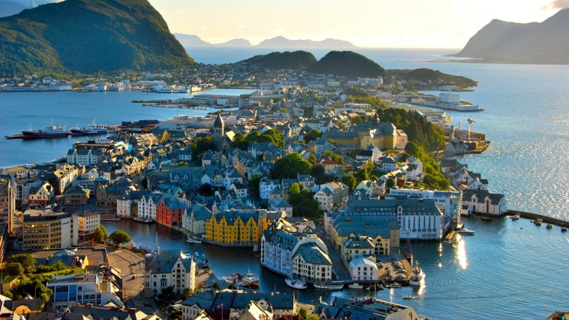 mode of transportation, transportation, europe, yacht, tourist attraction, nautical vessel, land, building, travel, tourism, bay, nature, alesund, built structure