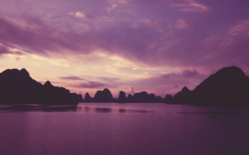 mountain, rock, beauty in nature, cloud - sky, silhouette, waterfront, water, Halong Bay, Vietnam, idyllic, sea, nature, sky, body, purple, non-urban scene