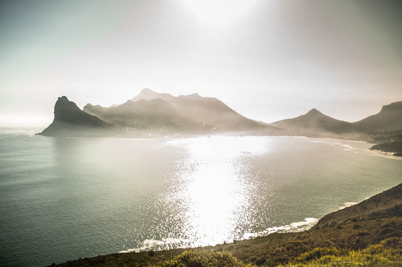 scenics - nature, sea, tranquility, 4K, non-urban scene, ocean, south africa, sky, lens flare, mountain range, no people, idyllic, tranquil scene, water