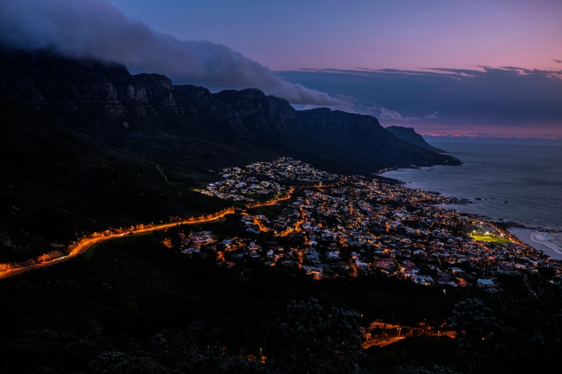 buildings, sunset, mountain, non-urban scene, cape town, no people, tranquility, nature, outdoors, sky, night, 4K, land, photography, aerial, mountains