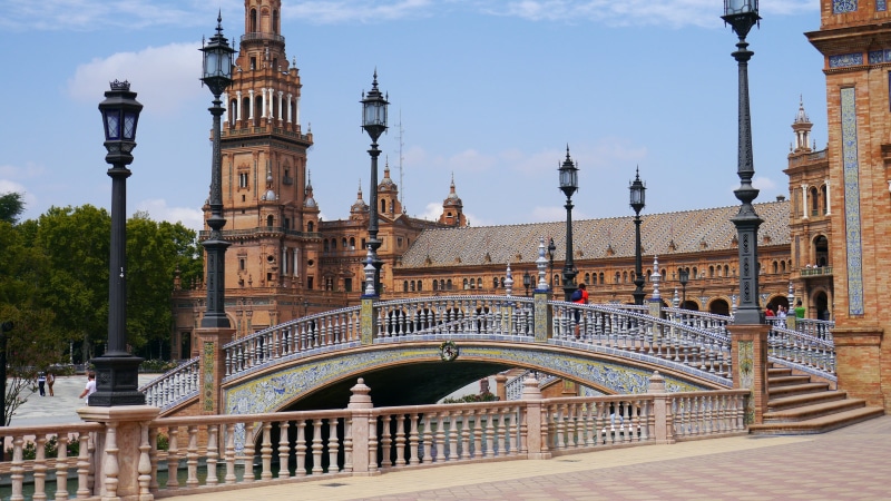 daytime, Sevilla, tower, connection, concrete, building, bridge, sky, incidental people, tourism, 4K, building exterior, city, water, history, arch, Plaza España