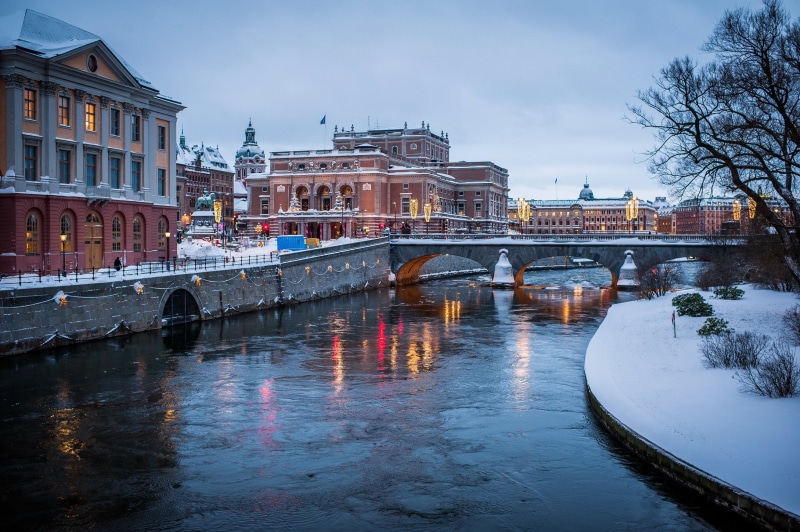 water channel, river, Stockholm, Sweden, 2K, photo, city, bridge, winter