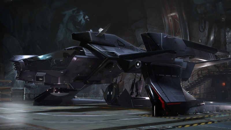 Star Citizen, stationary, factory, 2K, night, black, no people, car, air vehicle, model, land vehicle, mode of transportation, indoors, aerospace industry