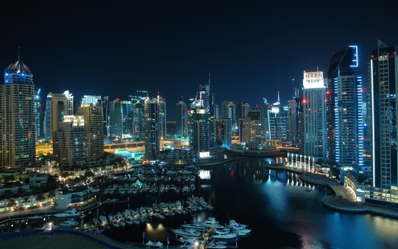 Arab, Dubai marina, city, port, boats, Night, houses, United, 2K, Skyscrapers, Emirates, marina, Dubai
