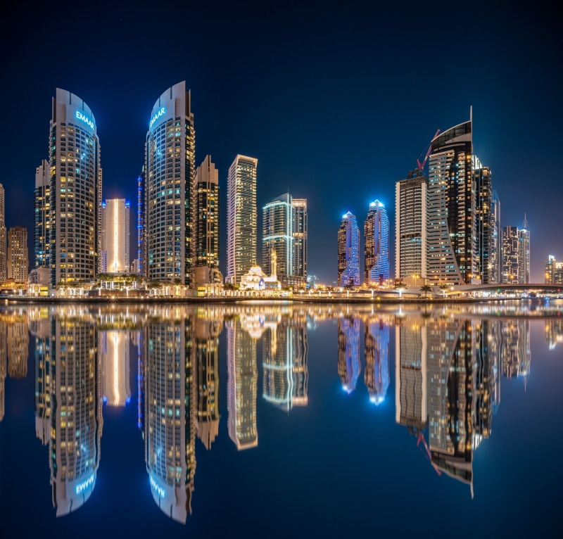 Dubai, Dubai Marina, building, Evgeni Fabis, Bay, home, water, reflection, night city, 1080P, UAE, skyscrapers