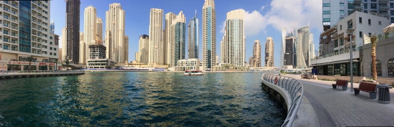 middle east, urban skyline, water, modern, building, tall - high, sky, nautical vessel, united arab emirates, dubai marina, built structure, nature, city