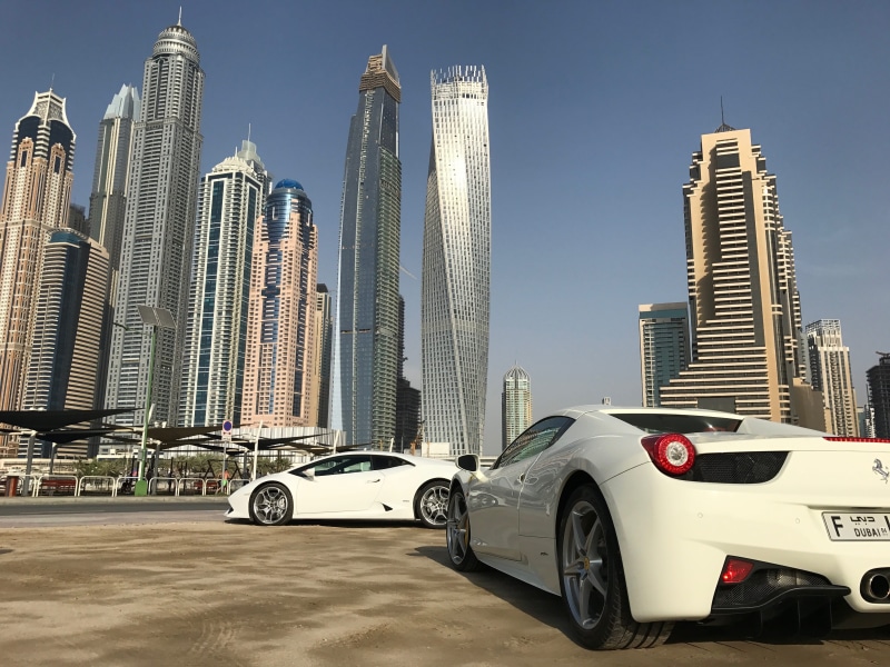 architecture, Dubai Marina, outdoors, transportation, ferrari, building exterior, sports, lamborghini, day, vehicle, near, white, sportcar, marina, luxury