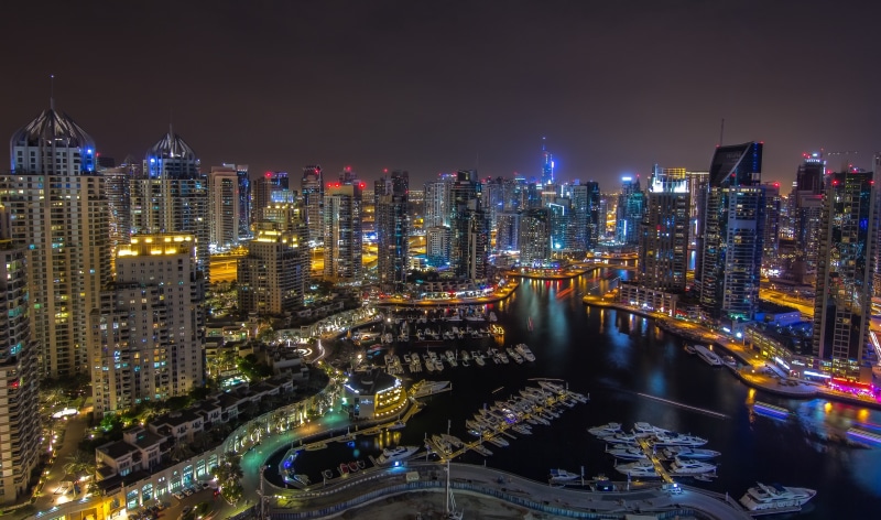 lights, harbor, uae, marina, buildings, roads, dubai, night, 5K, skyscraper, city, panorama