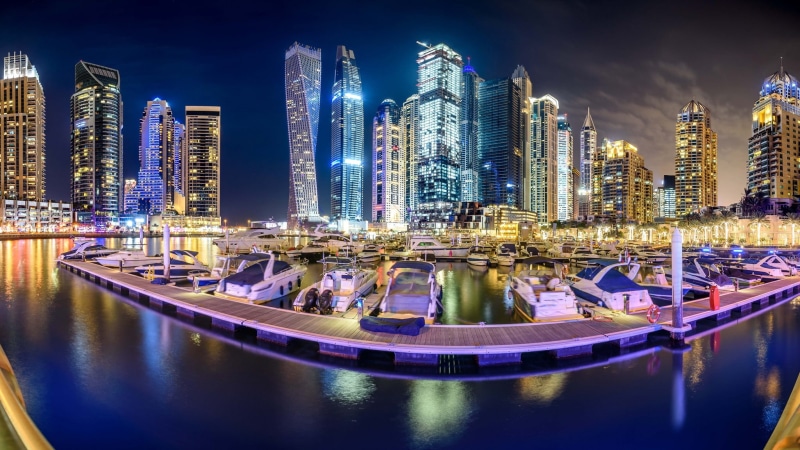 1080P, night city, Dubai, Bay, UAE, skyscrapers, yachts, Dubai Marina