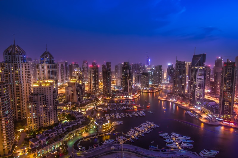 dubai, bay, harbor, marina, roads, 4K, buildings, night, skyscraper, city, uae, lights