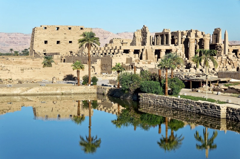 waters, architectural column, nature, building exterior, ruined, no people, architecture, egypt, 1080P, history, luxor, sky, old ruin, water, the past
