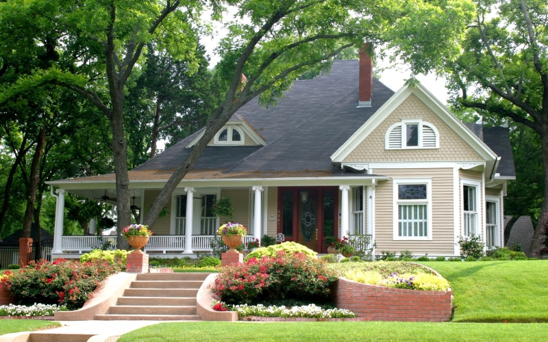 front View, summer, mansion, flowerbed, building Exterior, street, footpath, american Culture, small Town America, plant, color Image, flower, garden path