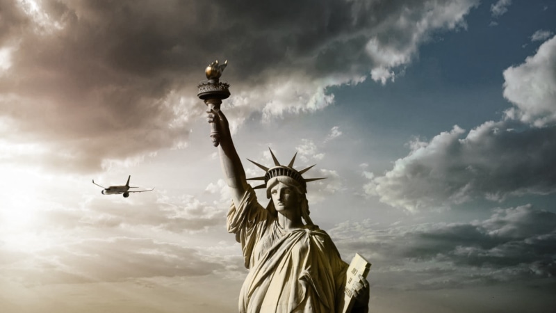 sky, history, the past, airplane, human representation, clouds, independence, freedom, Statue of Liberty, low angle view, female likeness, no people, sculpture