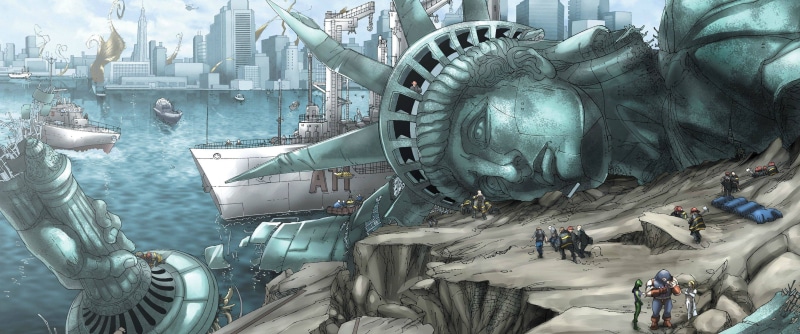 skyscraper, artwork, financial district, statue, X-Men, transportation, office building exterior, silver colored, building exterior, modern, tower, travel destinations
