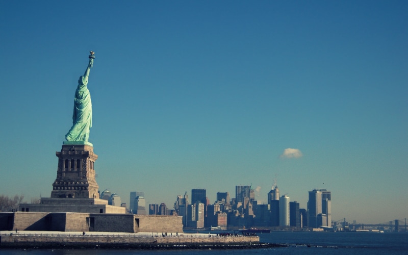 New York City, sky, Statue of Liberty, tourism, tall - high, clear sky, sculpture, building exterior, cityscape, 2K, freedom, travel destinations, statue