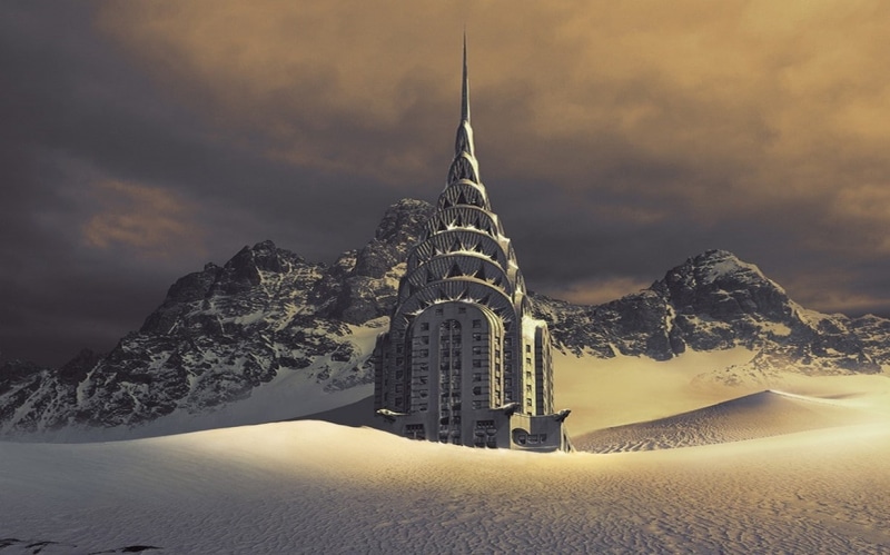 apocalyptic, snow, building, 480P, chrysler, chrysler building, mountain, world, morning, disaster