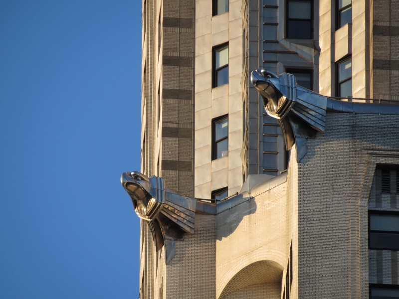 new york, residential district, low angle view, chrysler building, architecture, street light, nature, window, sky, gargoyles, manhattan, built structure