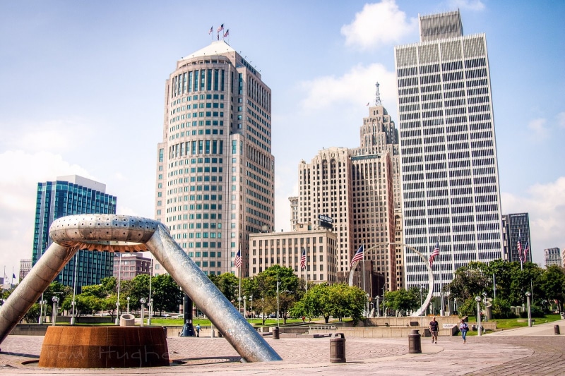 port, docks, jet, usa, art, offices, towers, bridges, ford, stores, chrysler, night, architecture, monorail, downtown, cities, michigan, detroit, buildings