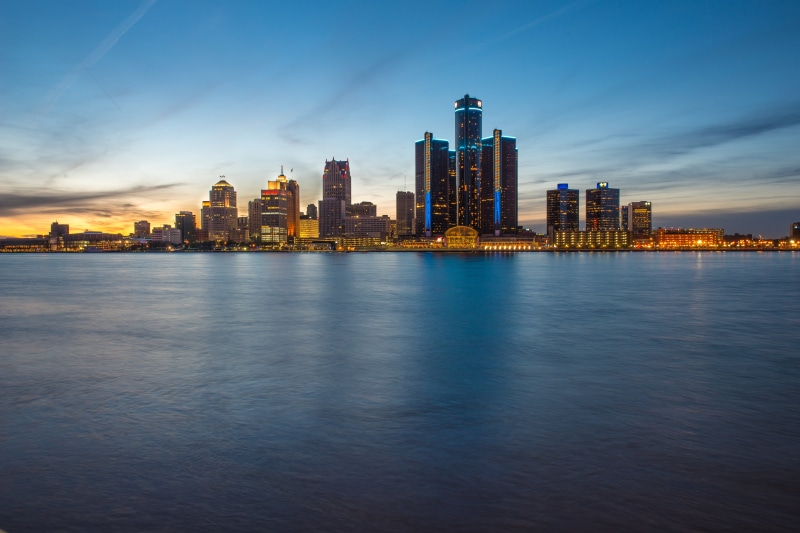 reflection, blue hour, Ontario, cloud - sky, body, sky, skyline, Detroit, waterfront, water, skyscraper, surround, tower, urban skyline, travel destinations