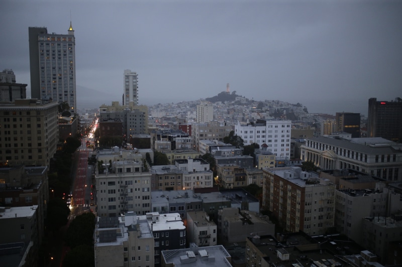 one person, outdoors, tower, building exterior, lifestyles, sky, blue hour, landscape, san francisco, city life, 5K, rain, urban skyline, tall - high