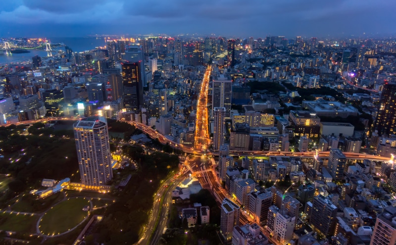 Rainbow, Night, Star, crowd, rainbowbridge, 5K, Japan, Road, Bridge, sky, modern, Tokyo, architecture, high angle view, financial district