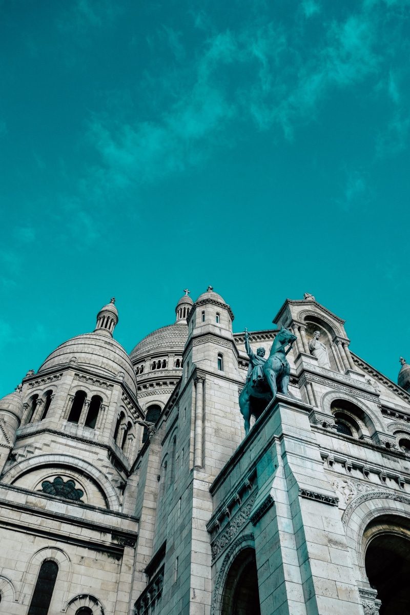 arch, building, turquoise colored, no people, 5K, montmartre, paris, cathedral, day, statue, belief, religion, city, old, sky, church, travel destinations