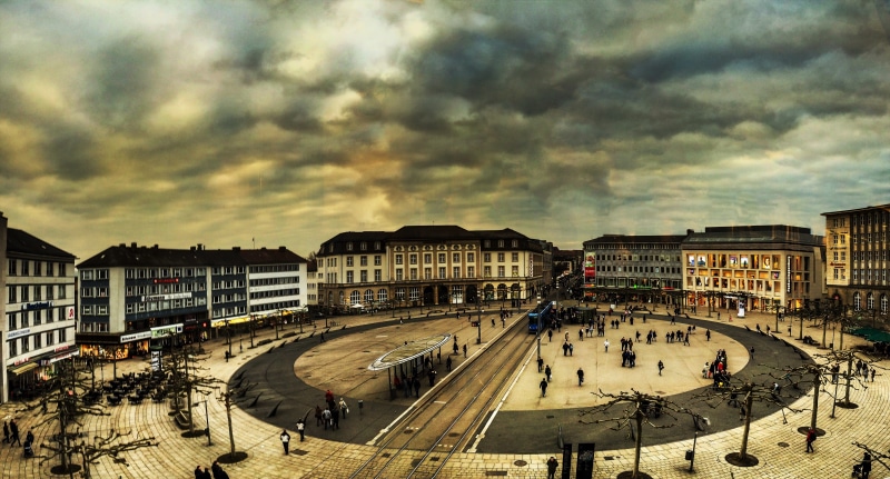 clouds, white, tram, building exterior, cloud - sky, pano, panorama, architecture, königsplatz kassel, building, transportation, sky, built structure, outdoors