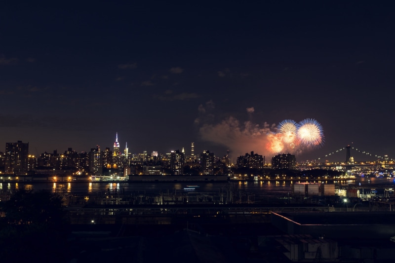 office building exterior, fourth of july, light trails, no people, firework, water, river, spire, building, esb, built structure, usa, urban skyline, travel destinations