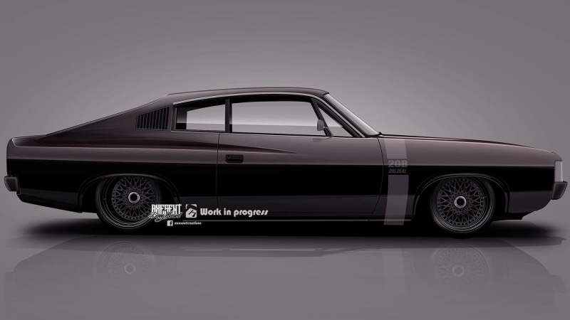 Australian cars, gray background, stationary, 1080P, copy space, wheel, studio shot, Chrysler Valiant Charger, retro styled, Chrysler, land vehicle, side view