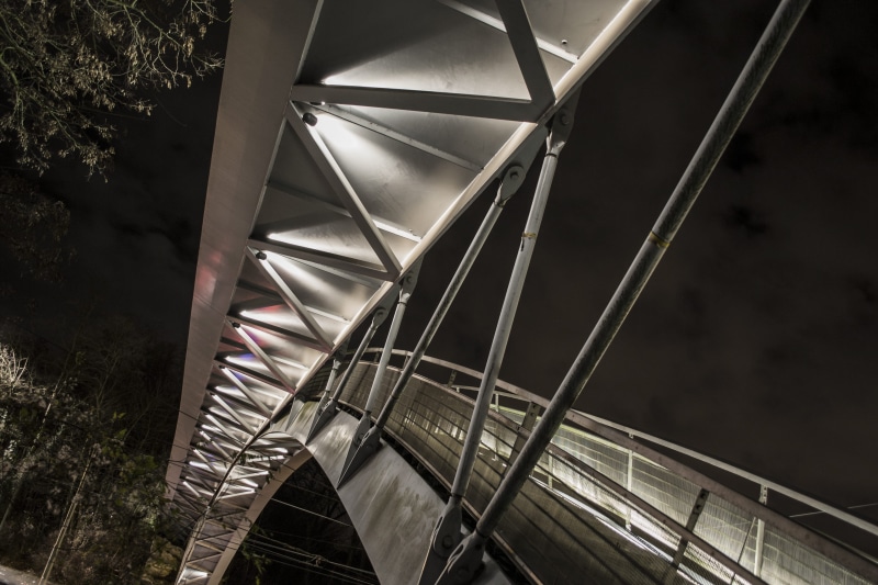 illuminated, architecture, bridge - man made structure, bridge, staircase, nature, belgium, transportation, metal, light, railing, steel, brussels, day