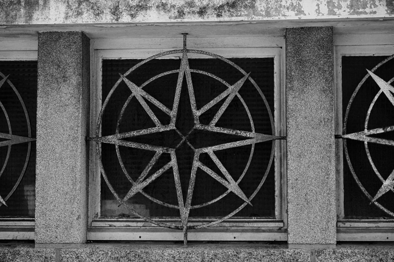 window, metal, pattern, outdoors, toile, shape, wall - building feature, 4K, fer forg, exhaust fan, old, low angle view, built structure, building exterior