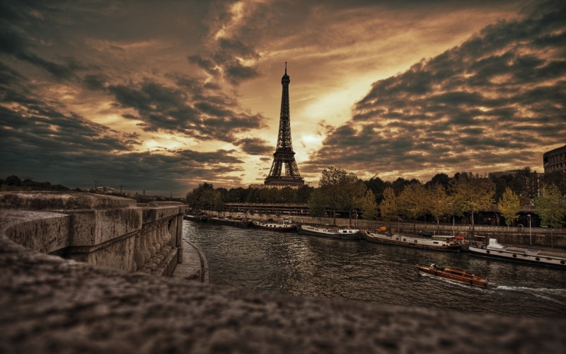 river, Paris, city, clouds, 1080P, France, overcast, Eiffel Tower, boat, sunset