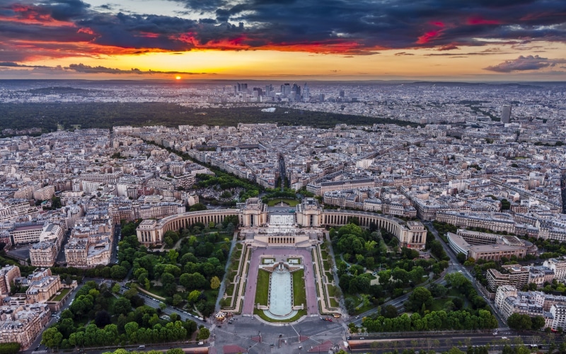 landscape, trees, sunset, sky, architecture, park, nature, urban, clouds, cityscape, 1080P, metropolis, building, Paris