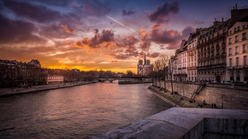 government, cityscape, water, dusk, france, paris, river, notre dame cathedral, sunset, bridge - man made structure, seine, cloud, 1080P, architecture
