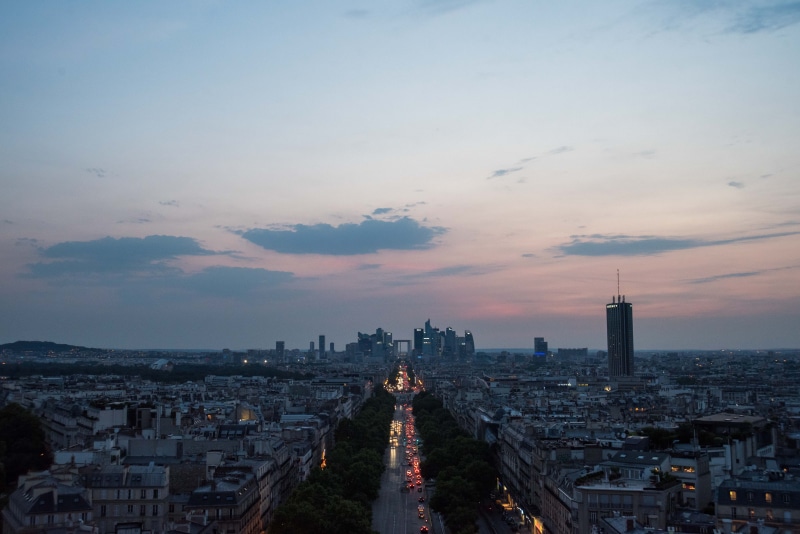building exterior, tall - high, 5K, sky, travel, travel destinations, office building exterior, sunset, city, architecture, la défense, skyscraper, sunrise
