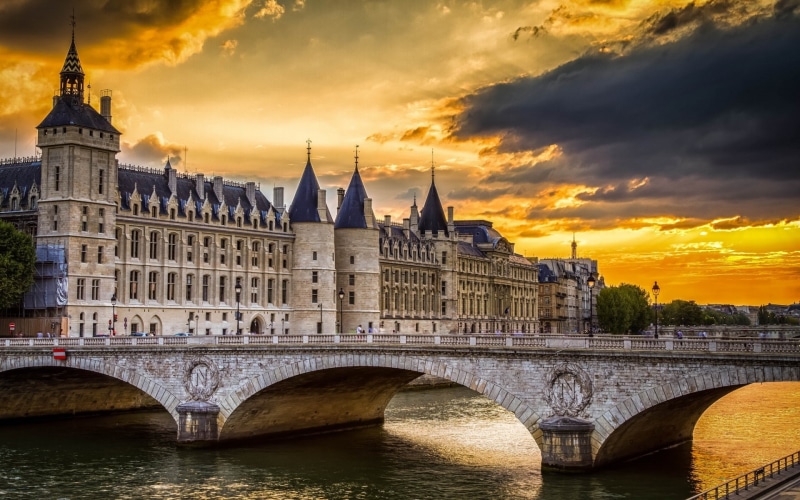 brown, la, sunset, paris, castle, blue, 1080P, la conciergerie, concrete, conciergerie, seine, palace