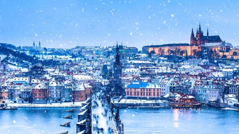 panorama, river, winter, Charles bridge, Prague, Czech Republic, 1080P, Christmas