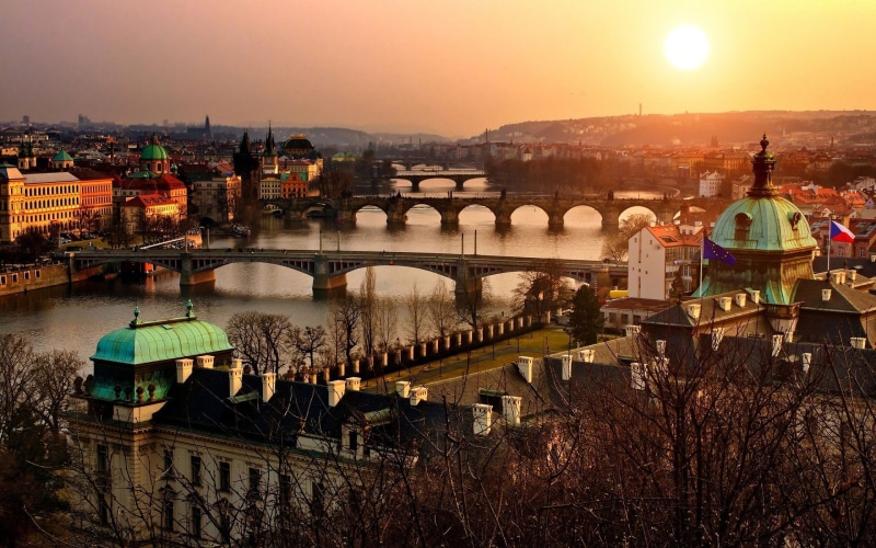 sunset, 1080P, river, building, bridge, cityscape, city, Prague, Czech Republic