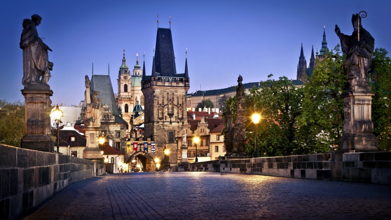 place of worship, travel, illuminated, building Exterior, castle, street light, cultures, urban Scene, twilight, famous Place, dusk, cathedral, czech Republic