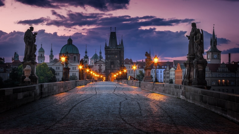 religion, street, dusk, czechia, sky, city, architecture, evening, 1080P, czech republic, night, building, charles bridge, travel destinations, travel