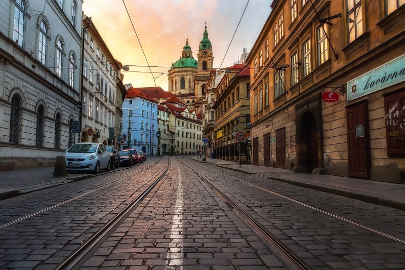 cobblestone, Czech Republic, nature, public transportation, sky, car, architecture, 1080P, land vehicle, cityscape, building, outdoors, Prague, mode of transportation