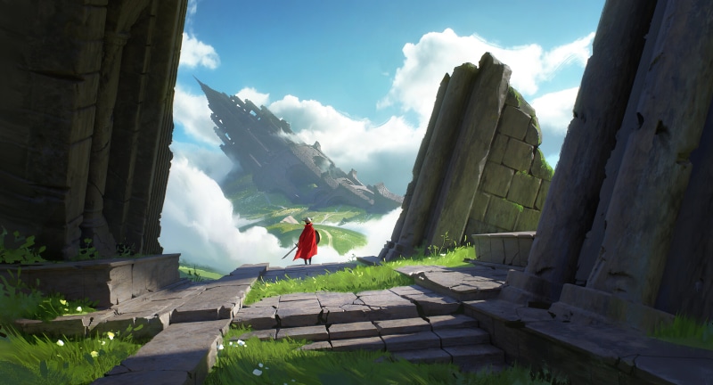 fantasy art, knight, Quentin Mabille, clouds, grass, 4K, ruins