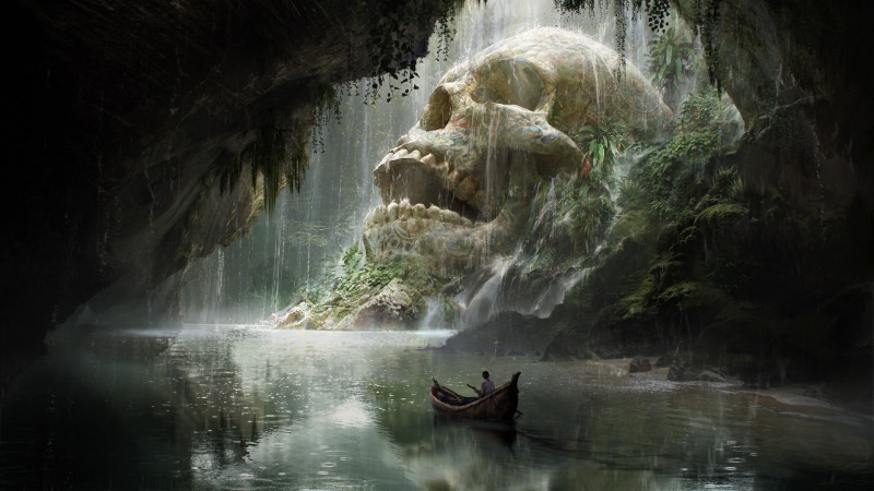 Waterfall, Cave, River, Fantasy, Skull, Adventure, 1080P, Boat