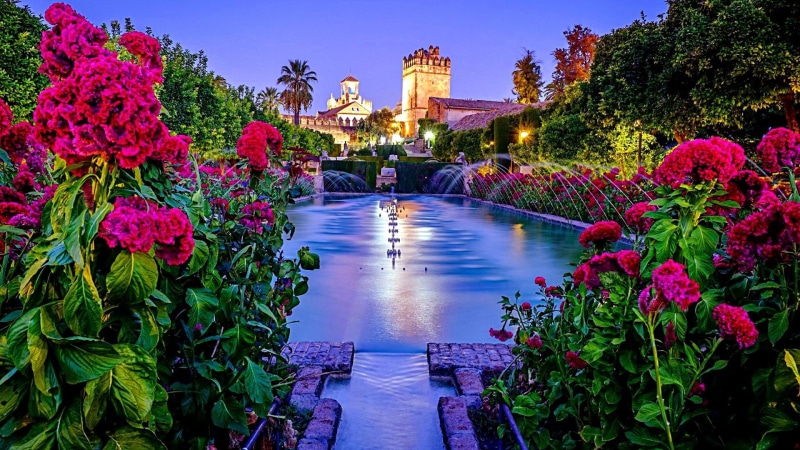 1080P, cordoba, europe, spain, flowers, evening, fountain, palace, andalusia