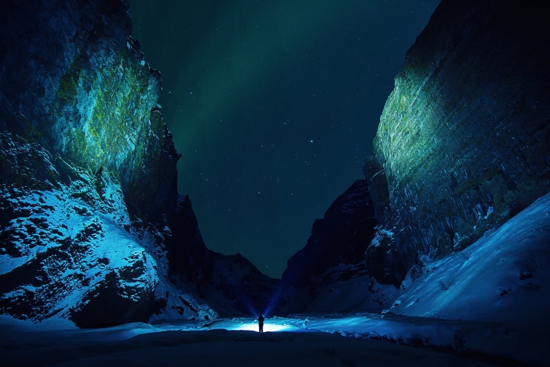 galaxy, standing, illuminated, scenics - nature, environment, star - space, winter, mountain, 2K, sky, person, beauty in nature, hills, snow, mountains