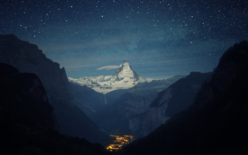 tranquility, outdoors, snowcapped mountain, solid, starry night, Matterhorn, mountains, night, valley, 1080P, mountain peak, mountain range, lights, tranquil scene