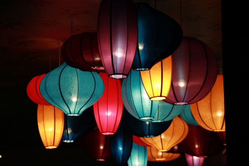 low angle view, chinese lantern, illuminated, multi colored, hanging, travel, in a row, celebration, assorted, event, mood, chinese new year, color, chinese lantern festival