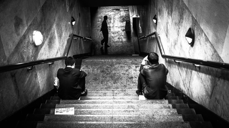 black and white, china, subway, direction, shangai, shanghai, walking, art, steps and staircases, staircase, man, women, railing, rear view, real people