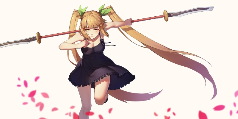 Sangai Senki, dress, weapon, long, young women, 1080P, hairstyle, twintails, young adult, beauty, s, white background, cut out, full length, hair, anime