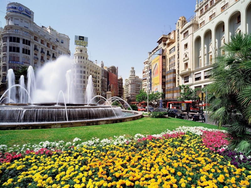 valencia, ciudad, flores, fuente, 720P